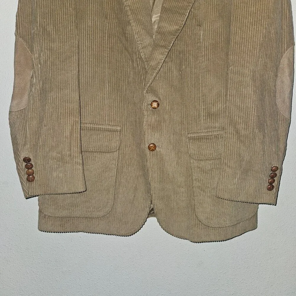 Lands End Brown Corduroy Blazer Jacket Men's 43L Elbow Patches Wood Buttons
